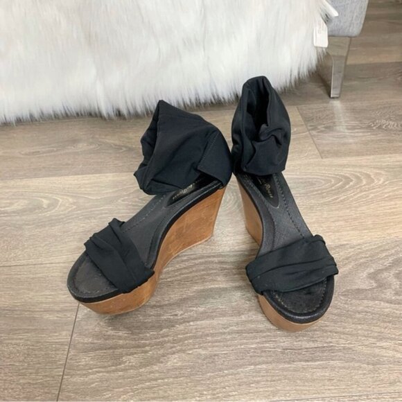 Gianvito Rossi Wood Platform Wedge Sandals Stretch Fabric Ankle Black Y2K 2000s - Picture 2 of 11